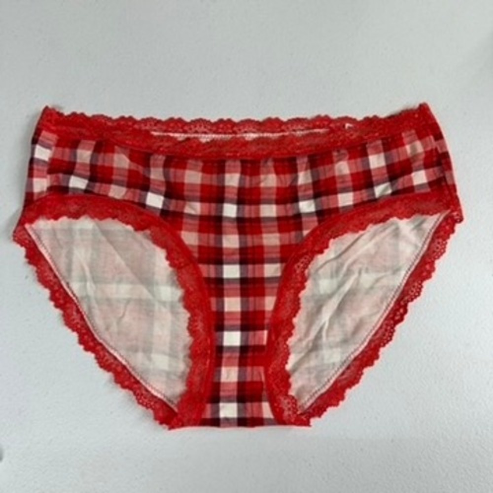 Jenni red plaid lace trim intimates panties underwear cotton stretch XL